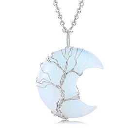 Tree of Life Wire Wrapped Crescent Moon Pendant Necklace;  Crystal Stone Necklaces
