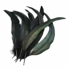 50 Pcs 7-12 inch DIY Artificial Rooster Tail Feathers for Art and Craft, Black/Dark Green
