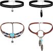 4Pcs Suede Leather Choker Necklace Tribal Boho Beaded Leather Necklace Adjustable Vintage Bohemian Native American Hippie for Women