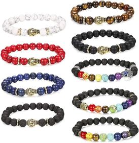 9Pcs Mens Beaded Bracelets Lava Rock Stone Beads for Women 8mm 7 Chakra Tiger Eye Stone Elastic Bracelets Anxiety Stress Relief Bracelets Aromatherapy
