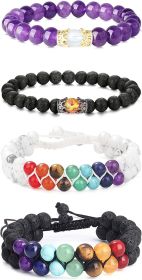 4Pcs Chakra Bead Bracelet for Men Women Natural Stone Lava Amethyst Howlite Tiger Eye Elastic Adjustable Oil Diffuser Bracelet Set for Couple
