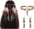 Native American Jewelry Leather Choker Necklace Earring Set for Women Handmade Bohemian Dream Catcher Long Faux Feather Drop Dangle Earrings Retro Nec