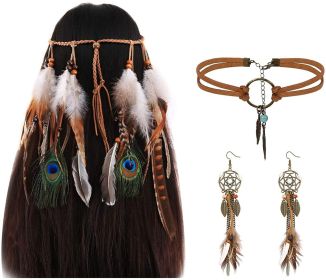 Native American Jewelry Leather Choker Necklace Earring Set for Women Handmade Bohemian Dream Catcher Long Faux Feather Drop Dangle Earrings Retro Nec