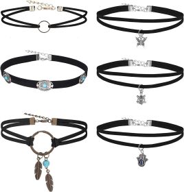 6 PCS Suede Leather Chokers for Women Boho Necklaces Chokers Feather Turquoise Adjustable Handmade Necklaces Boho Choker Native American for Women