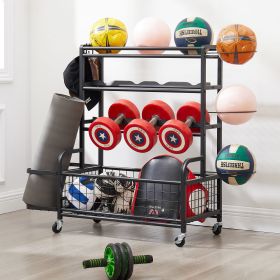 4-Tier Metal Storage Organizer with Rolling Wheels for Basketball Sports Equipment Organizer for Yoga Mat Larger Ball Storage Rack with Baskets and Ho