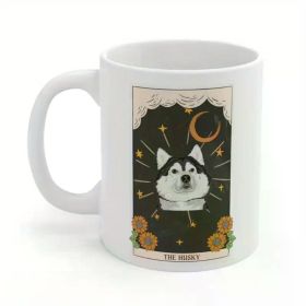 11oz Siberian Husky Tarot Card Ceramic Mug - Double-Sided Print with Mystical Night Sky, Stars & Sunflowers - Unique