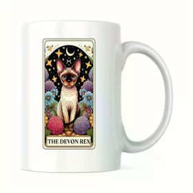 1pc 11oz Ceramic Coffee Mug with The Devon Rex Tarot Card Design - Mystical White Mug with Cat Illustration, Perfect