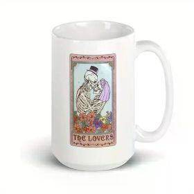 11oz Skeleton Lovers Tarot Card Ceramic Coffee Mug – Romantic Skeleton Design with Floral Accents, Perfect for