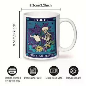 The Gardener Tarot Card 11oz Ceramic Mug – Unique Skeleton & Flowers Design, Reusable Coffee Cup, Dishwasher