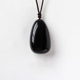 Natural Crystal Raw Stone Polished Teardrop Pendant Necklace (Color: Obsidian)