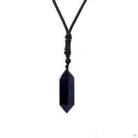 Raw Crystal Energy Stone Jewelry Pendant Necklace (Color: Obsidian)