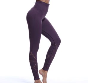 Leggings High Waist Hips Tight Stretch Openwork Quick Dry Fitness Yoga Pants Slim (Color: PURPLE, size: L)