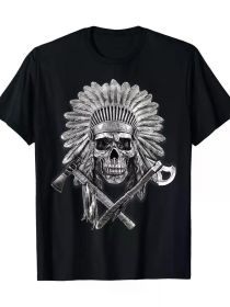 Men'S T-shirt 220g 100% Cotton - Native American T Shirt Chief Pipe Skull Eternal Spirit Gift T-Shirt (Color: Black, size: S)