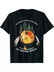 1pc Men's Boho Style Native American Pride T-Shirt - 100% Cotton Crew Neck with "Mother Earth" Graphic, Casual Short Sleeve (Color: Black, size: S)