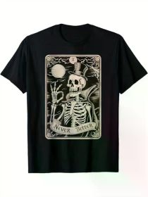 Funny Skull Tarot Card Graphic Tee - 100% Cotton, Casual Fit, Machine Washable - Perfect Gift for Men on Halloween (Color: Black, size: M)