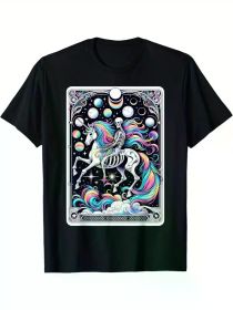Skeleton Riding Unicorn Tarot Card Celestial Fantasy Art T-Shirt cotton Hallowmas (Color: Black, size: M)