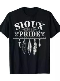 Sioux Pride Graphic T-Shirt - Native American Inspired Design, Black Tee with & Star Motifs, Casual Round Neck (Color: Black, size: S)