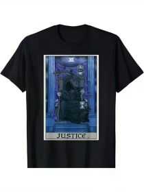 Men's Gothic Justice Tarot Card Graphic T-Shirt - Grim Reaper Halloween Horror Design, Black Cotton Crew Neck Tee, (Color: Black, size: L)