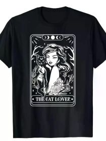 The Cat Lover Tarot Card, Cat Lover, Black Cat Men's Cotton Short Sleeve Casual Round Neck Top Comfortable Stylish with Humorous graphic Black T-Shirt (Color: Black, size: XXXL)