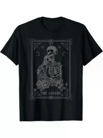 Men's Gothic Skeleton Couple T-Shirt - The Lovers Tarot Card Design, Black & White Graphic (Color: Black, size: S)