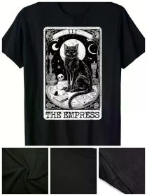 Men's Vintage "The Empress" Tarot Card Black Cat Graphic T-Shirt - 100% Cotton, Short Sleeve, Crew Neck, Regular Fit, Gothic Celestial Design (Color: Black, size: XXL)