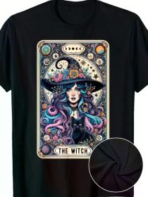 The Witch Tarot Card Graphic T-Shirt - Vintage Gothic Halloween Style, 100% Cotton Short Sleeve, Humorous Black Tee with Intricate Witch Design (Color: Black, size: XXXL)