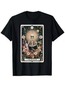 The Reader Tarot Card Skeleton Graphic T-Shirt, 100% Cotton, Black, (Color: Black, size: S)